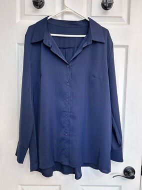 Navy Button-Front Women's Loose Fitting Blouse